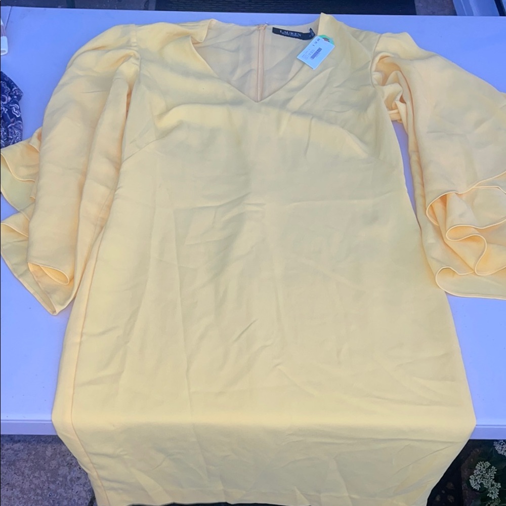 Ralph Lauren Yellow V-Neck Dress with Ruffled Sleeves